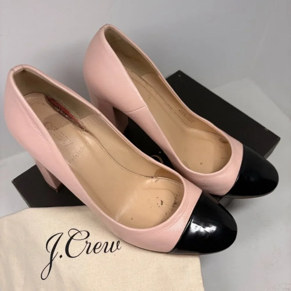 J. Crew Pink Leather Block‎ Heel Pumps with Black Cap Toe
